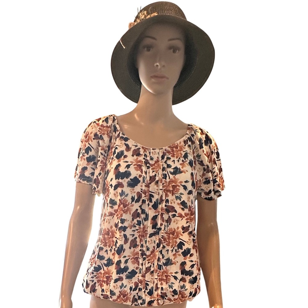 Floral Pintuck Blouson Blouse Rust Navy Cream Flutter Sleeve Petite Medium PM